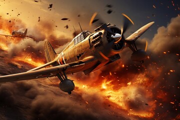 World war ii fighter plane at sunset or dark orange fire explosion sky. War scene. German figher at sky. Selective focus