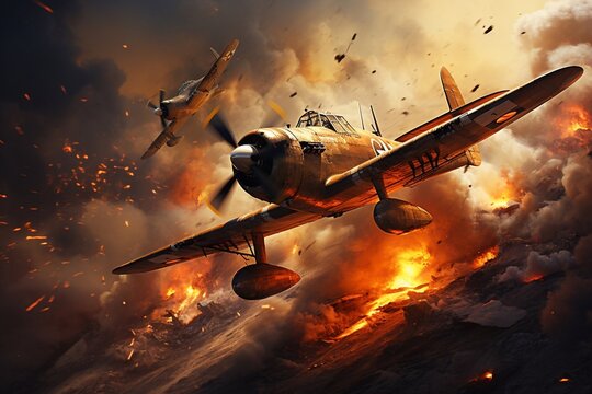 World war ii fighter plane at sunset or dark orange fire explosion sky. War scene. German figher at sky. Selective focus