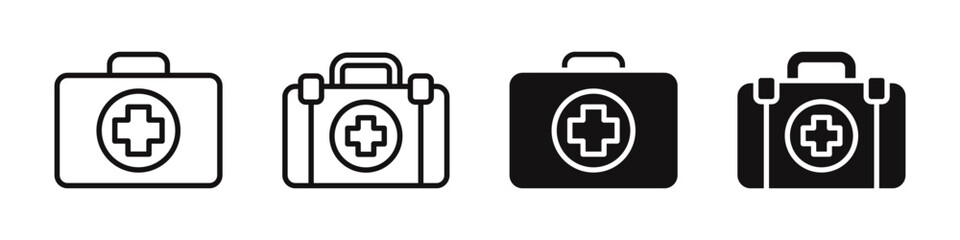 Medical briefcase icons set. First aid box icon. Medical bag. Filled and outlined style. Vector illustration.