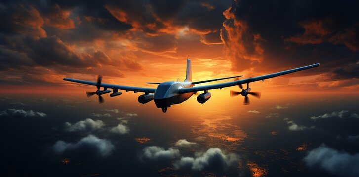 World war ii fighter plane at sunset or dark orange fire explosion sky. War scene. German figher at sky. Selective focus