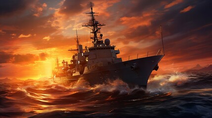 Fototapeta premium The military ship on sea at sunrise.