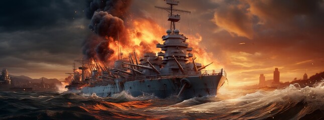 War concept. Night battle scene at sea. Dramatic toned clouds effect. Silhouette of the battle ship in night. Miniature creative table decoration. Selective focus