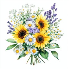 a watercolor bouquet with sunflowers