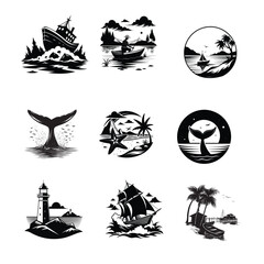 Obraz premium Set of Sea Scene And Landscape silhouettes Design - Sea Scene vector illustration in black and white