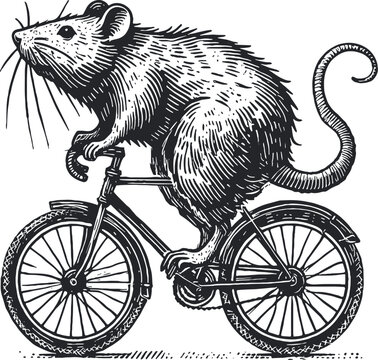 rat riding a bicycle style engraving hand drawn vector