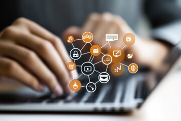hand typing computer showing holographic scheme of organisation and security.