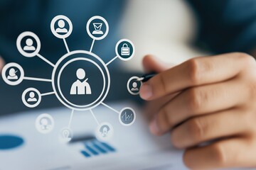 hand handling holographic scheme depicting organisation and security system.