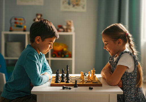 Childhood chess match: young friends engaged in strategic play