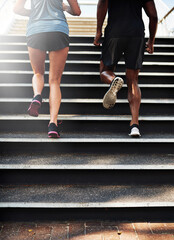 Fitness, people and legs with running on stairs outdoor for marathon training, cardio exercise and...