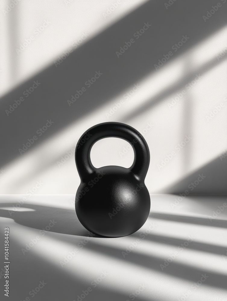 Poster a black kettlebell sits on a light surface, surrounded by soft shadows, creating a contemporary fitn