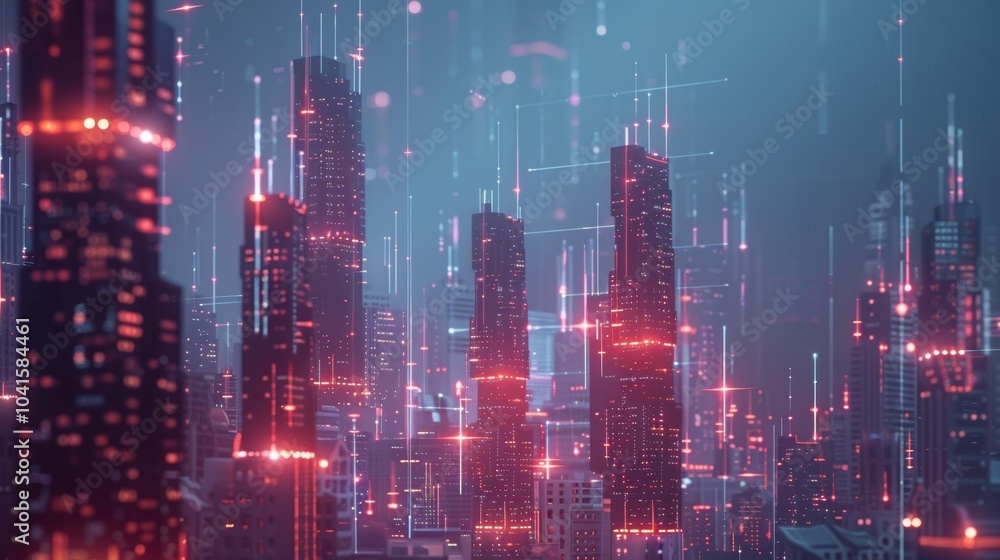 Wall mural a futuristic cityscape with tall skysers adorned with glowing pulsating symbols representing the inv