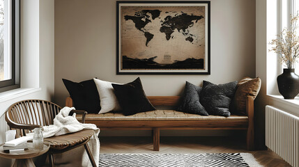 Cozy Living Room Design with Wood Furniture, World Map, and Black and White Rug