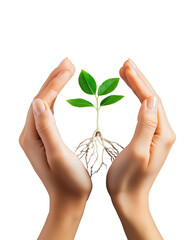 Hands gently cupping a small seedling with visible roots, symbolizing protection, growth, and nurturing new life against a white background