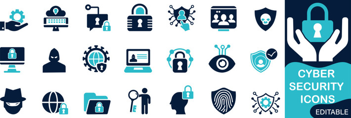 cyber security icon set featuring icons for cybersecurity, data security, network protection, privacy, and IT safety for professionals and businesses