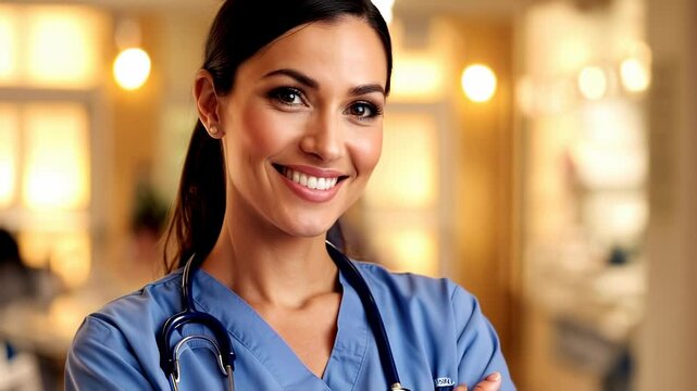 Female doctor smiling and looking at the camera inside hospital - Medical professional and health care concept - Model by AI generative 