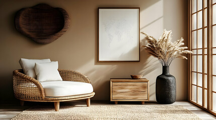 Relaxing Minimalist Living Room with Wicker Chair and Natural Elements