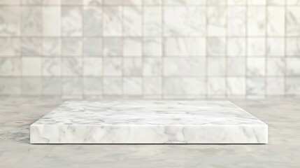 Empty white marble table top with blur tile wall bathroom background - a serene and elegant sight. This image showcases an empty white marble table top against a blurred tile wall in a bathroom