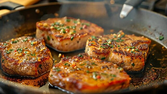 Four seasoned pork chops are sizzling in a pan, ready for dinner