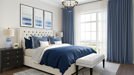 Fototapeta premium Chic bedroom with navy blue bedding, white walls, blue accent pillows, and a white upholstered headboard, paired with blue curtains framing a floor-to-ceiling window.