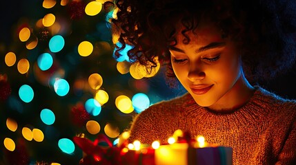 Christmas Background, Young woman enjoying candles and soft lights during a festive celebration.