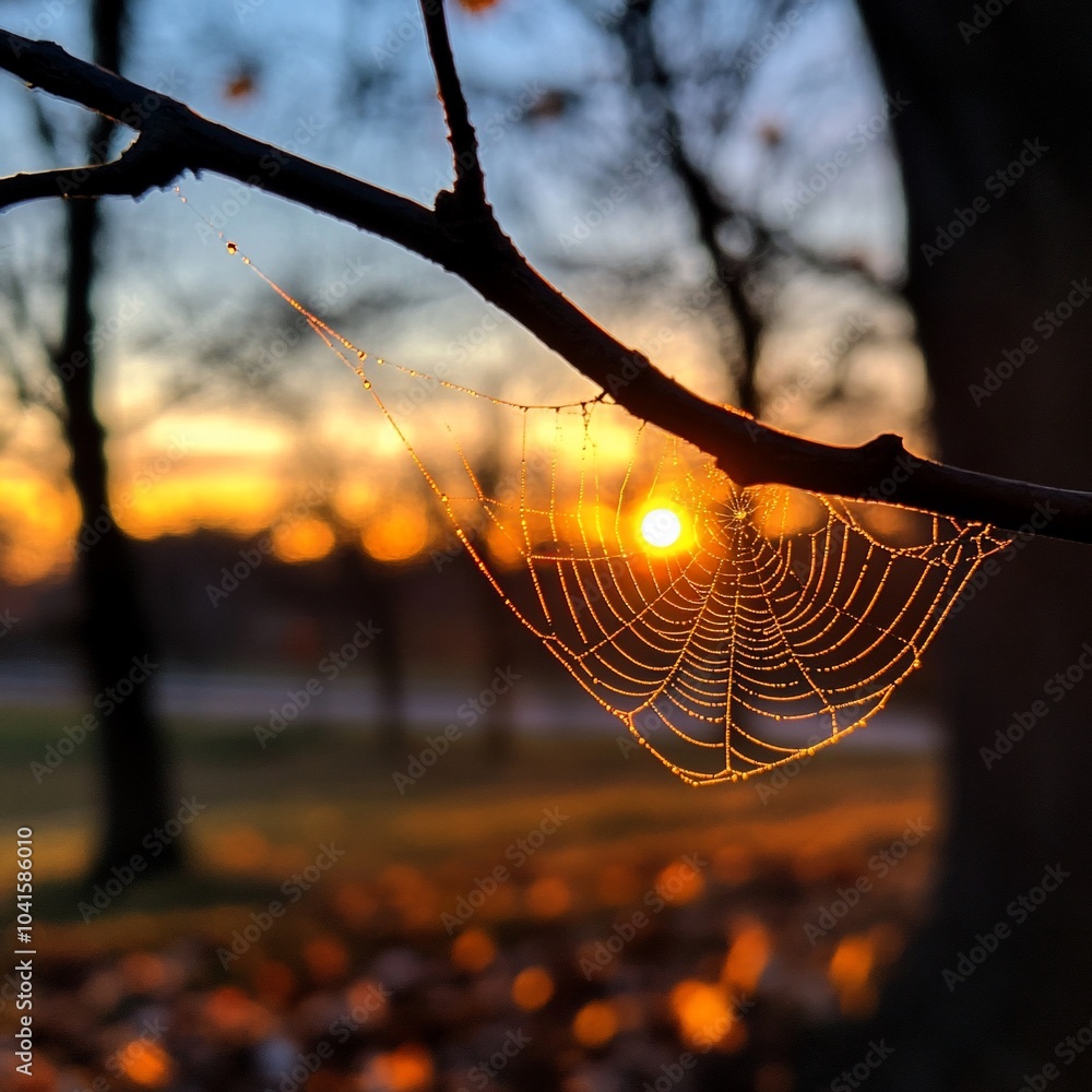Poster dew-covered spiderweb hanging from a branch with the sun shining through it.