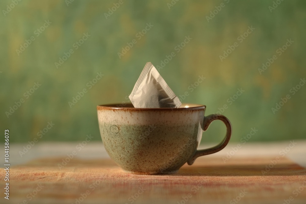 Aufkleber A tea bag is immersed in a rustic cup, creating a comforting atmosphere perfect for relaxation and enjoyment. Generative AI