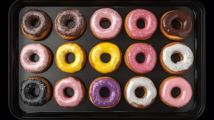 Fototapeta premium Colorful Glazed Donuts on Baking Sheet Sweet Treats Bakery Dessert Food Photography