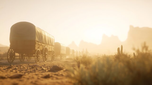 Journey to the Unknown: Wild West Wagon Train Crossing Desert Sands with Pioneers on a Cinematic Adventure under Ultra-Detailed Light