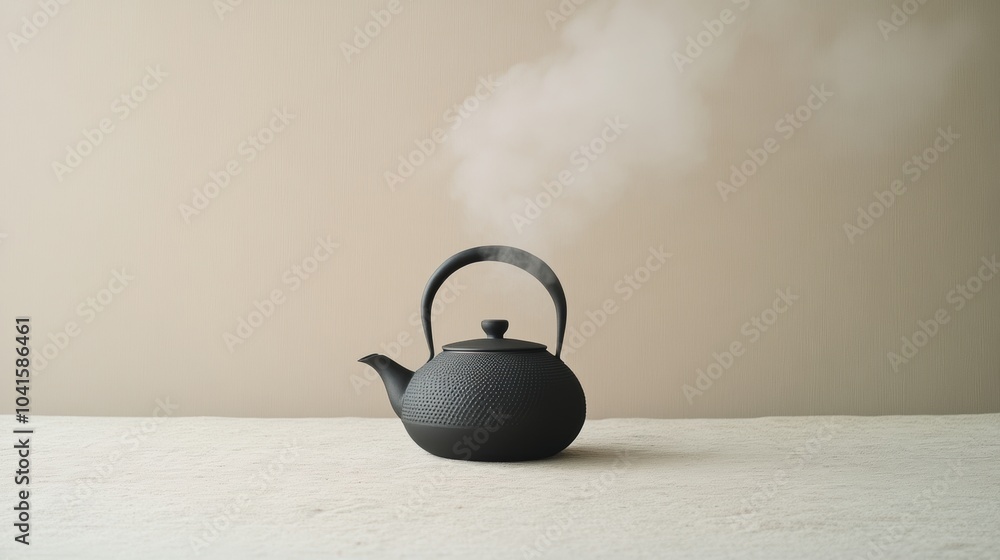 Poster a black tea kettle simmers gently, emitting delicate steam lines in a calm, muted environment, invit
