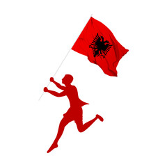 Vector illustration of man running and holding Albania flag in hands on transparent background