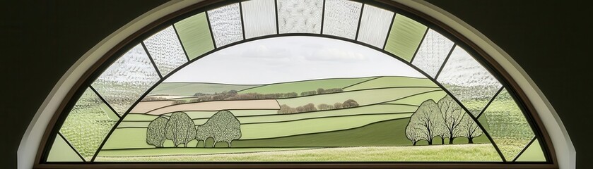 A beautiful arched stained glass window depicting a serene landscape with rolling hills and trees in soft hues.
