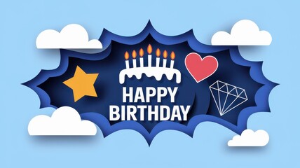 Happy Birthday with cake, star, and heart illustration
