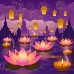 Lantern Festival Celebration with Lotus and Fireworks
