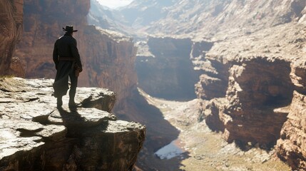 Obraz premium Lone Cowboy Adventuring in the Wild West - Cinematic Exploration of Vast Canyon with Ultra-Detailed Lighting