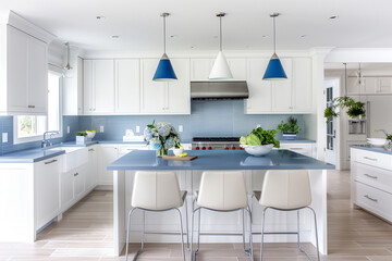 Scandinavian-inspired kitchen with white cabinetry, soft blue countertops, blue pendant lights, and sleek white dining chairs, designed for a fresh and airy feel.