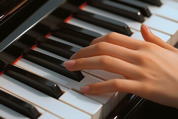 Fototapeta premium Hands of a woman playing piano, close up of black and white keys. 