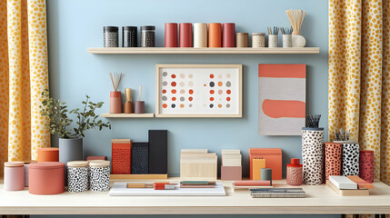 Decorative Storage Jars and Boxes with Polka Dot Patterns on Shelves and a Desk