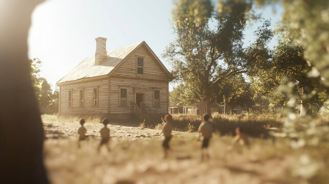 Frontier Fun: Children Playing Outside Old Wooden Schoolhouse in Wild West Town with Cinematic Lighting