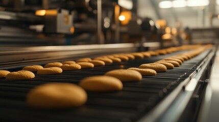 Cookies emerge from automated ovens onto conveyor belts, each treat perfectly golden. High-tech machinery operates efficiently in the background of a spotless bakery.