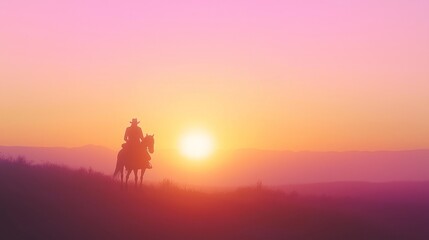 Tranquil Wild West Sunrise: Lone Cowboy on Horseback Silhouetted Against Vibrant Dawn Colors, Cinematic Lighting