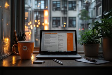 Fototapeta premium A detailed case study report displayed on a laptop screen, with notes and highlights, surrounded by office tools like pens, notebooks, and a coffee cup, creating a workspace feel