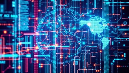 Obraz premium An intricate digital world map interwoven with a circuit board design, showcasing a harmonious blend of technology and geography.