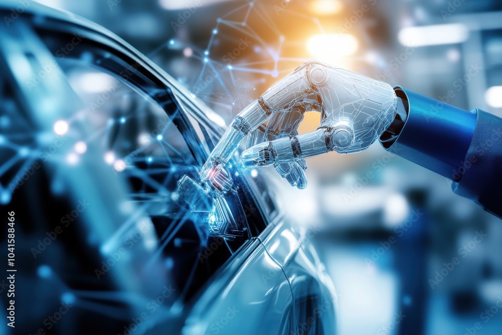 Poster a futuristic automated robot arm assembling car parts with high precision in a state-of-the-art car 