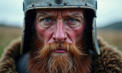 A detailed close up image of a man who has a beard and is wearing a helmet