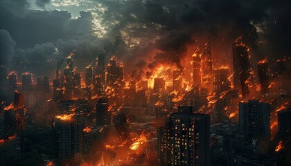 Fototapeta premium Apocalypse city. Disaster ruin and apocalyptic town. Destroyed skyline building. Burning urban cityscape with smoke and fire