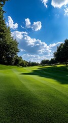 Fototapeta premium A scenic golf course with lush green grass, manicured fairways, and a backdrop of blue sky and white clouds.