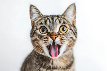 Fototapeta premium Cute portrait of shocked face cat with opened mouth isolated on white background