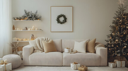 Cozy Christmas Living Room Decor with White Couch and Christmas Tree
