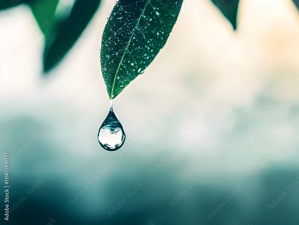 Aufkleber raindrop reflection on a leaf tip symbolizing perspective and focus in the rain