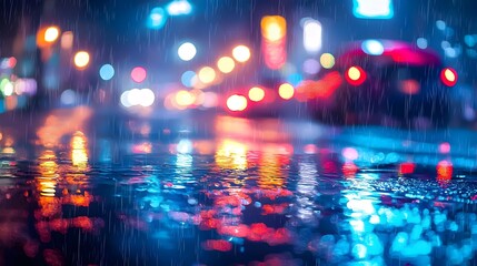 Vibrant Rainy Cityscape at Night with Neon Lights Reflecting on Wet Streets